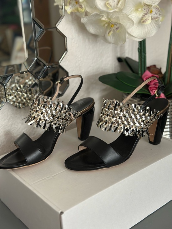 Rodo Shoes - Rodo Black Heeled Sandals with Silver Metallic Fringe